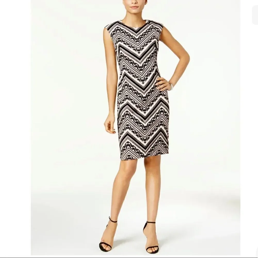 Vince Camuto Flocked Velvet Chevron Sheath Blush & Black Dress